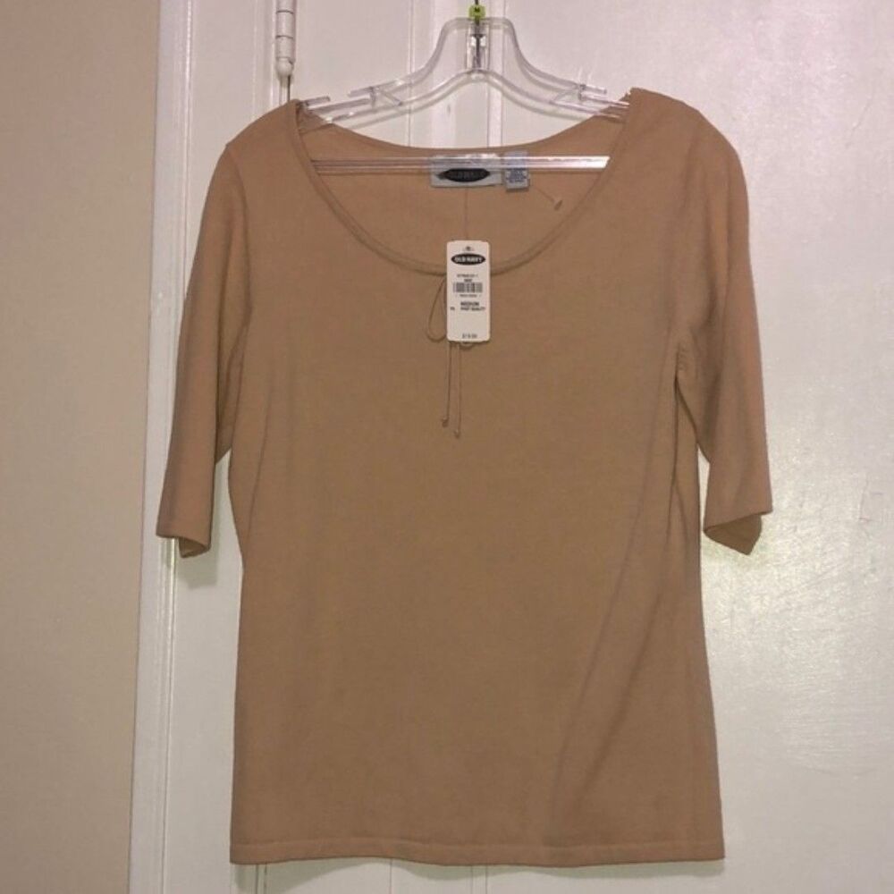 Basic Beige Cream Tan Mid Sleeve Sweater Stretch new